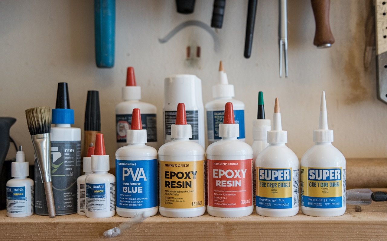 A variety of woodworking adhesives, including PVA glue, epoxy resin, and super glue, neatly arranged on a wooden workbench with tools in the background. Essential for DIY and professional woodworking projects.