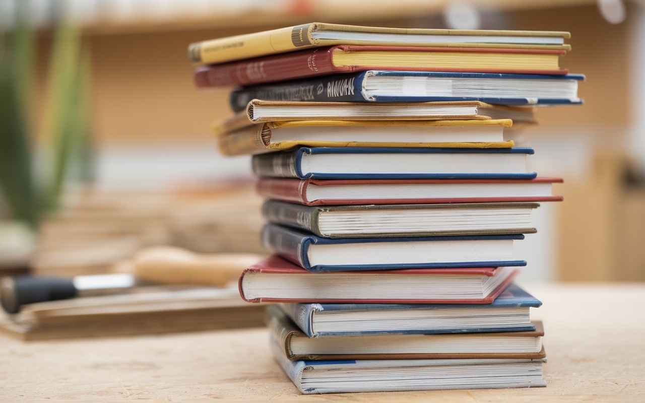 A neatly stacked pile of woodworking books on a wooden workbench, with woodworking tools and materials blurred in the background. A great resource for learning woodworking techniques and skills.
