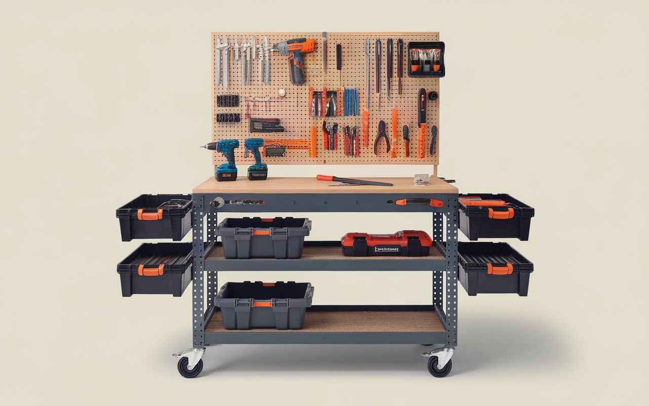 A sturdy and organized woodworking workbench with storage shelves, toolboxes, and a pegboard displaying various hand tools, power drills, and accessories. Ideal for a garage or small workshop setup.