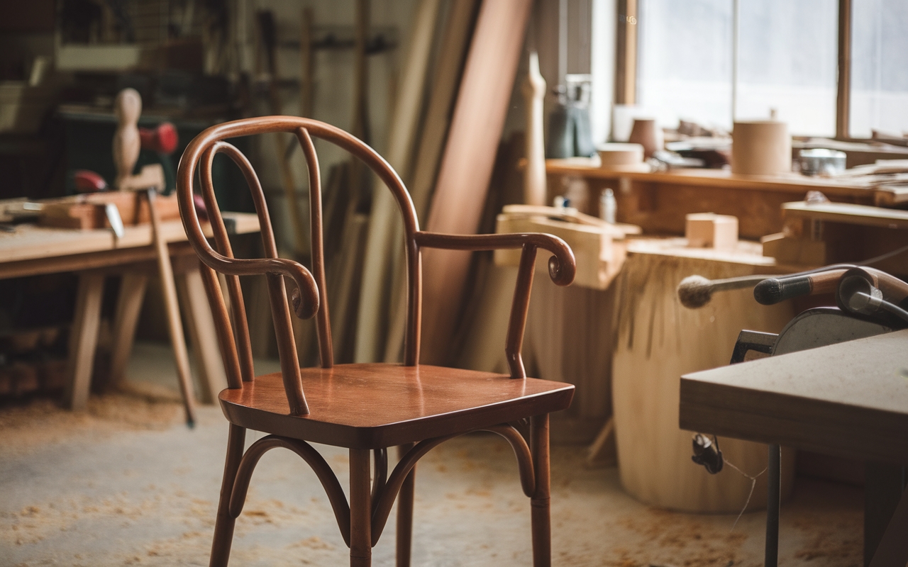 A flawed handcrafted wooden chair with curved armrests and a polished finish, sitting in a woodworking shop surrounded by tools, wood planks, and sawdust. A representation of a mistake in craftsmanship and woodworking.