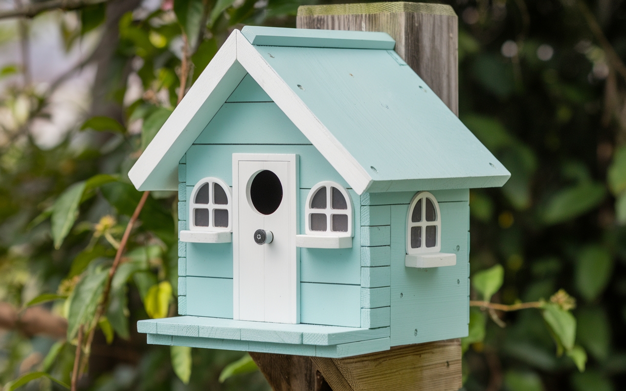 A beautifully crafted wooden birdhouse painted in pastel blue with white trim, featuring a small round entrance hole, decorative windows, and a miniature door, mounted on a wooden post with lush green foliage in the background.