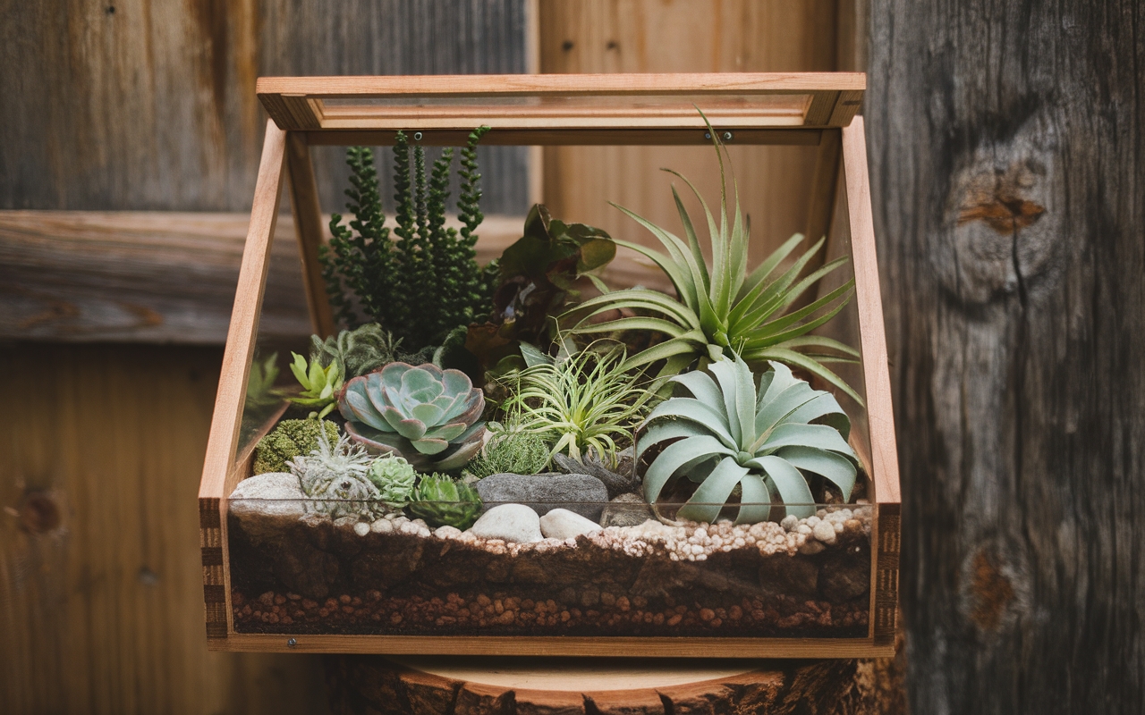 A beautifully crafted wooden-framed terrarium filled with lush green succulents, moss, and decorative rocks, set against a rustic wooden backdrop.