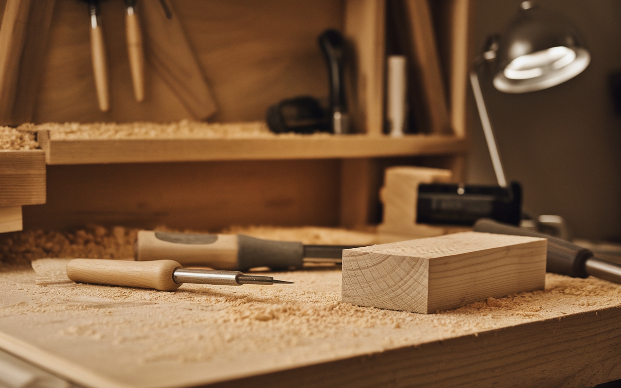 A close-up of essential woodworking tools on a workbench, including chisels, a wooden block, and fine wood shavings, with a well-lit workshop setting in the background.