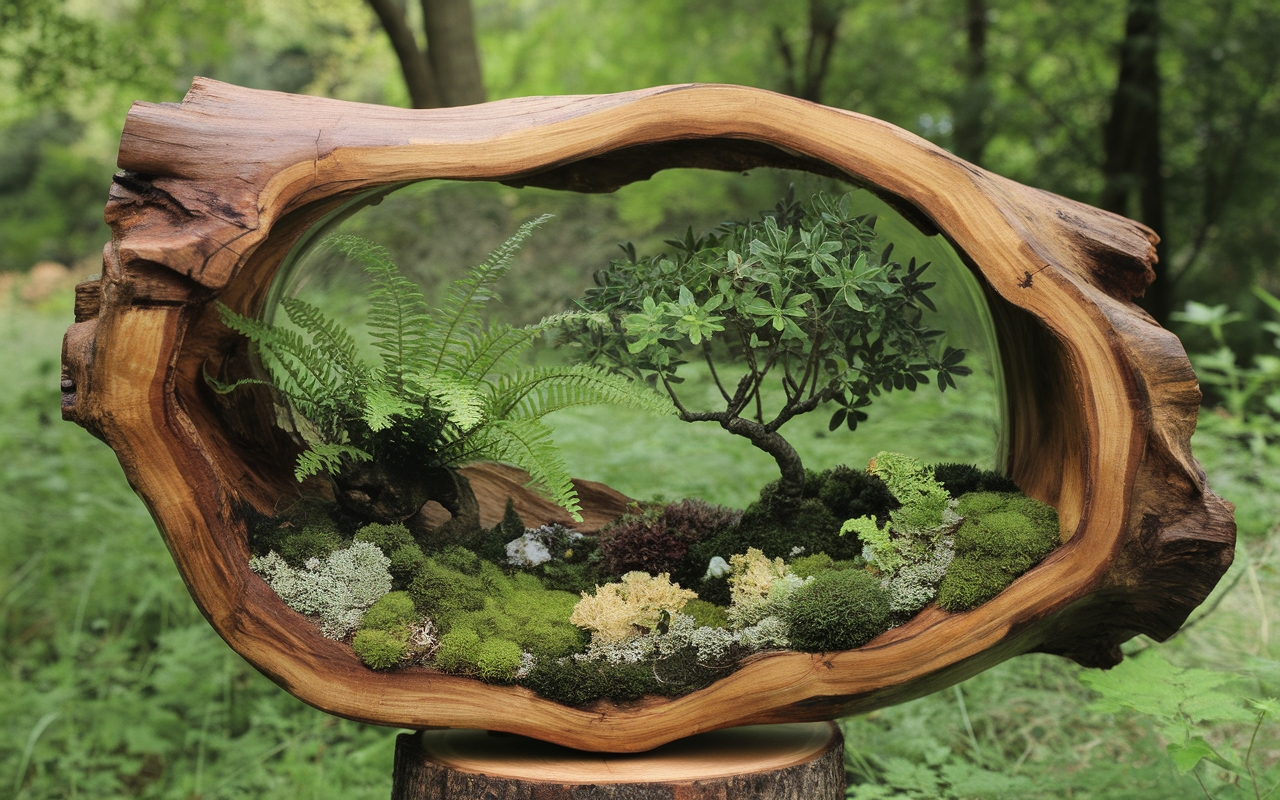 A beautifully crafted natural wood terrarium made from a hollowed-out log, featuring a miniature forest scene with vibrant green moss, ferns, and a small bonsai-like tree. The open, curved structure highlights the organic textures of the bark and wood grain, creating a stunning display of nature and craftsmanship.