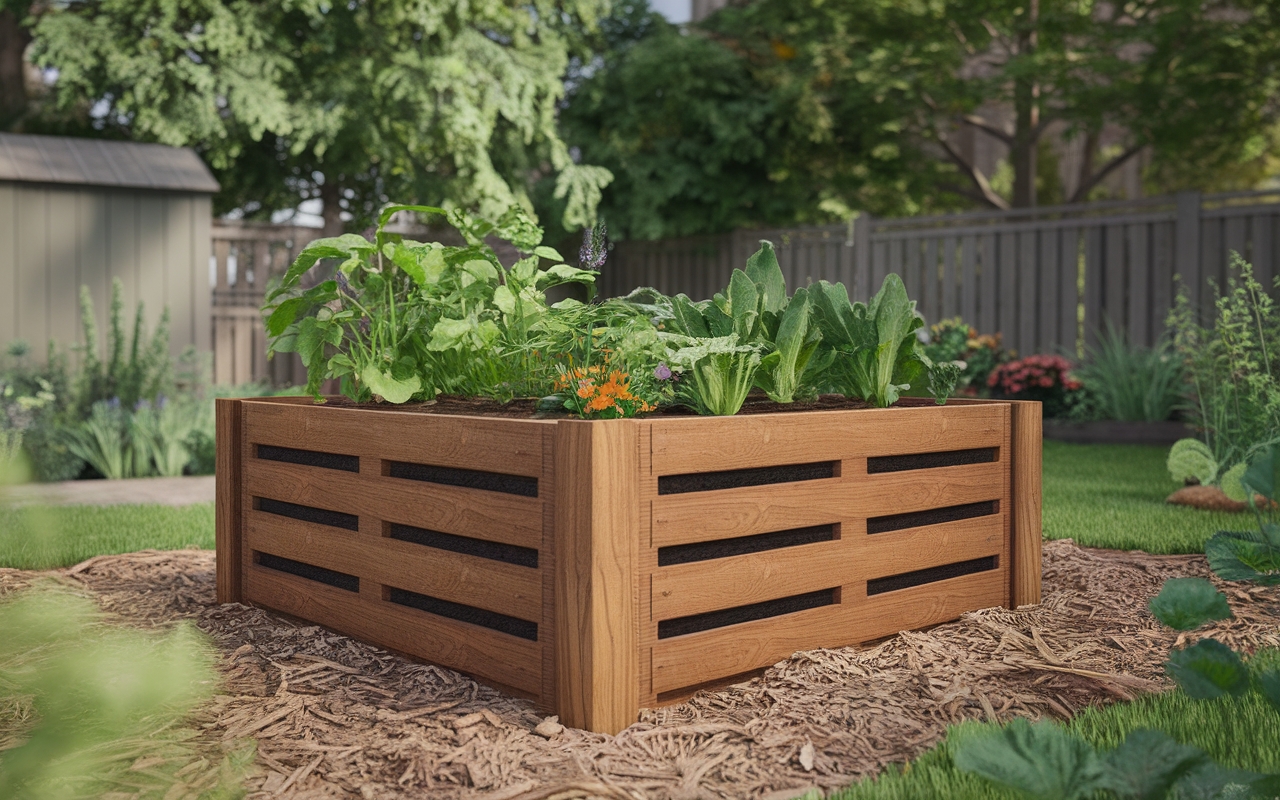 Beautiful raised garden bed made of wooden slats, filled with lush green leafy vegetables and flowering plants, set in a well-maintained backyard with a wooden fence and garden shed in the background.