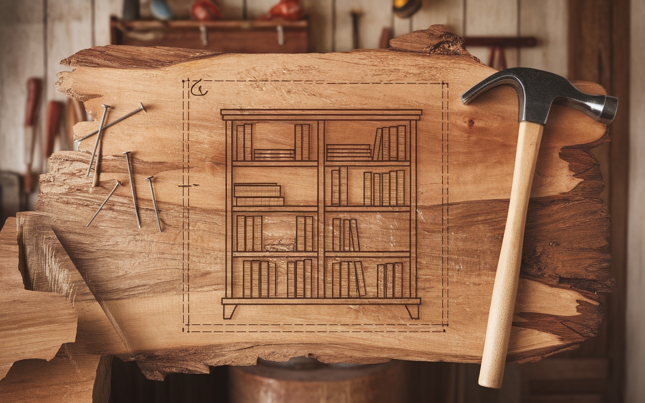 A rustic wooden plank featuring a detailed blueprint-style engraving of a bookshelf design, accompanied by scattered nails and a hammer, set in a cozy woodworking workshop.