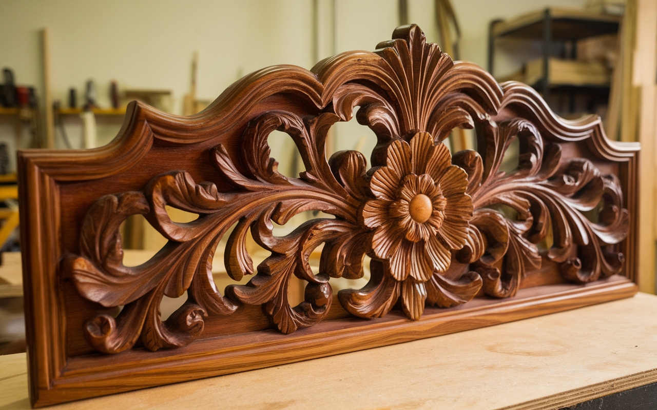 A beautifully hand-carved wooden panel featuring an intricate floral and scrollwork design, finished with a rich wood stain. The polished craftsmanship highlights the depth and detail of the carving, set in a woodworking shop environment.