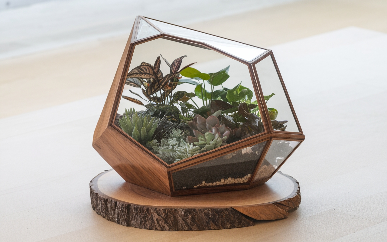 A beautifully crafted geometric glass terrarium with a wooden base, filled with lush succulents and greenery. The modern, angular design complements the natural wood slice stand, making it a perfect blend of craftsmanship and nature.