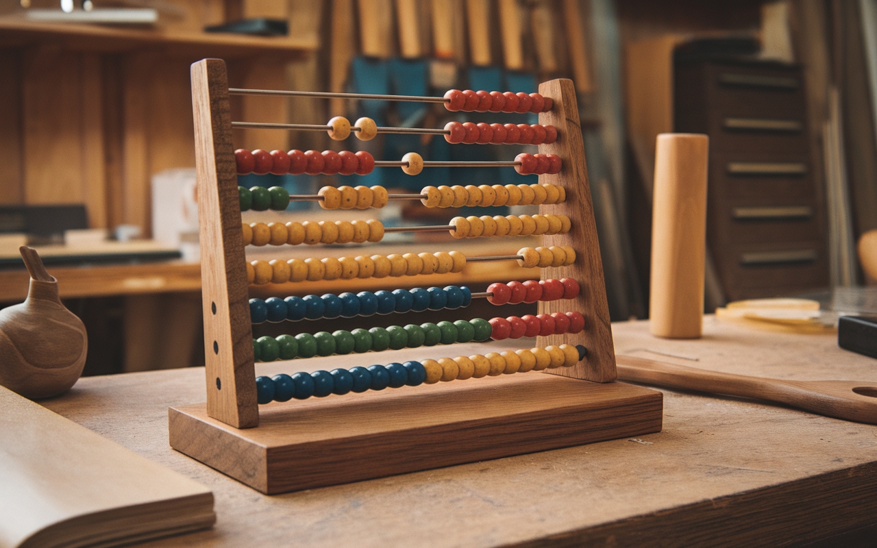 A handcrafted wooden abacus with colorful beads sits on a woodworking bench in a well-organized workshop. The scene highlights the importance of math skills in woodworking, surrounded by tools and materials.