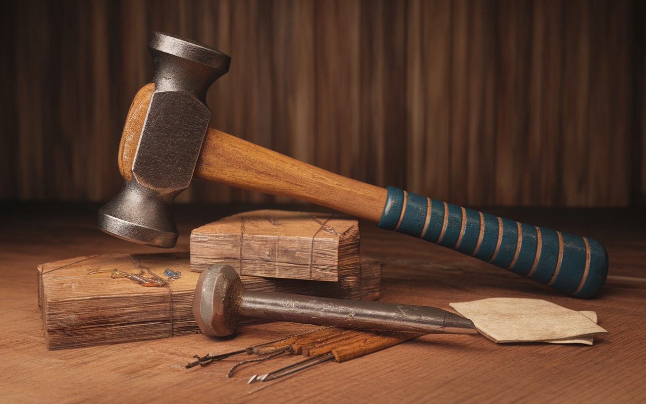 A close-up of a woodworking setup featuring a hammer with a wooden handle wrapped in blue grip, a chisel, and various small carving tools resting on a rustic wooden workbench. The scene is illuminated with warm lighting, highlighting the textures of the aged wood and metal tools.