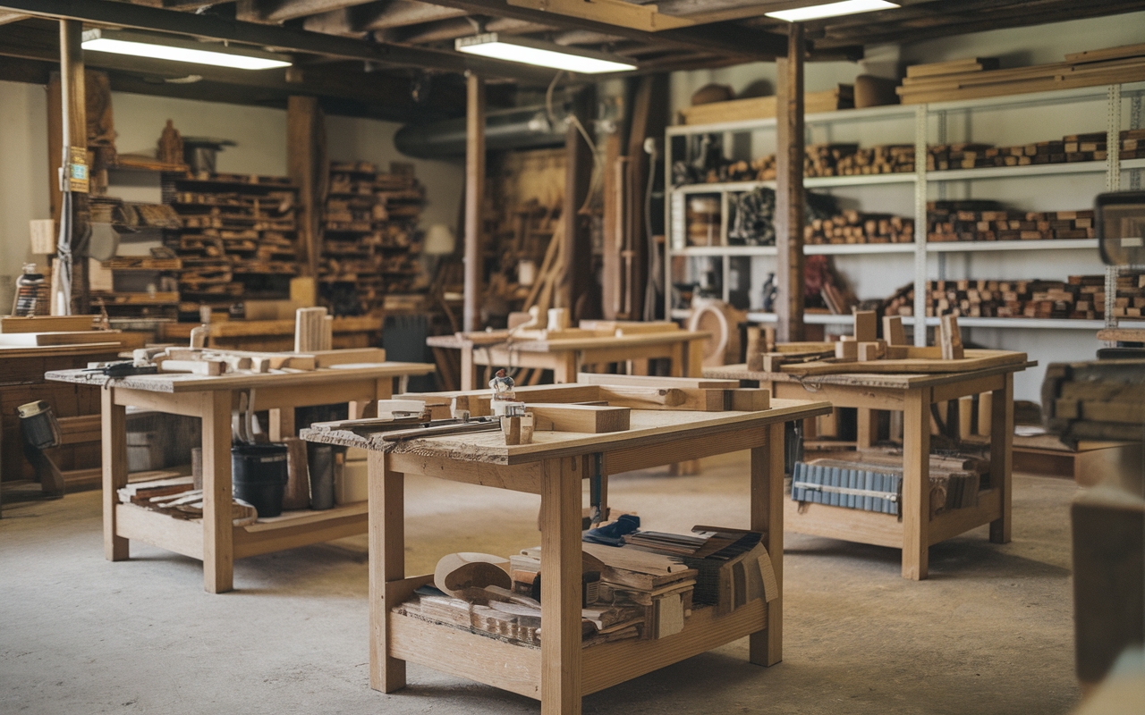 A well-organized woodworking shop featuring sturdy wooden workbenches, tools, and shelves filled with neatly stacked lumber. The workshop is illuminated by overhead lighting, creating a warm and productive space for woodworking projects.