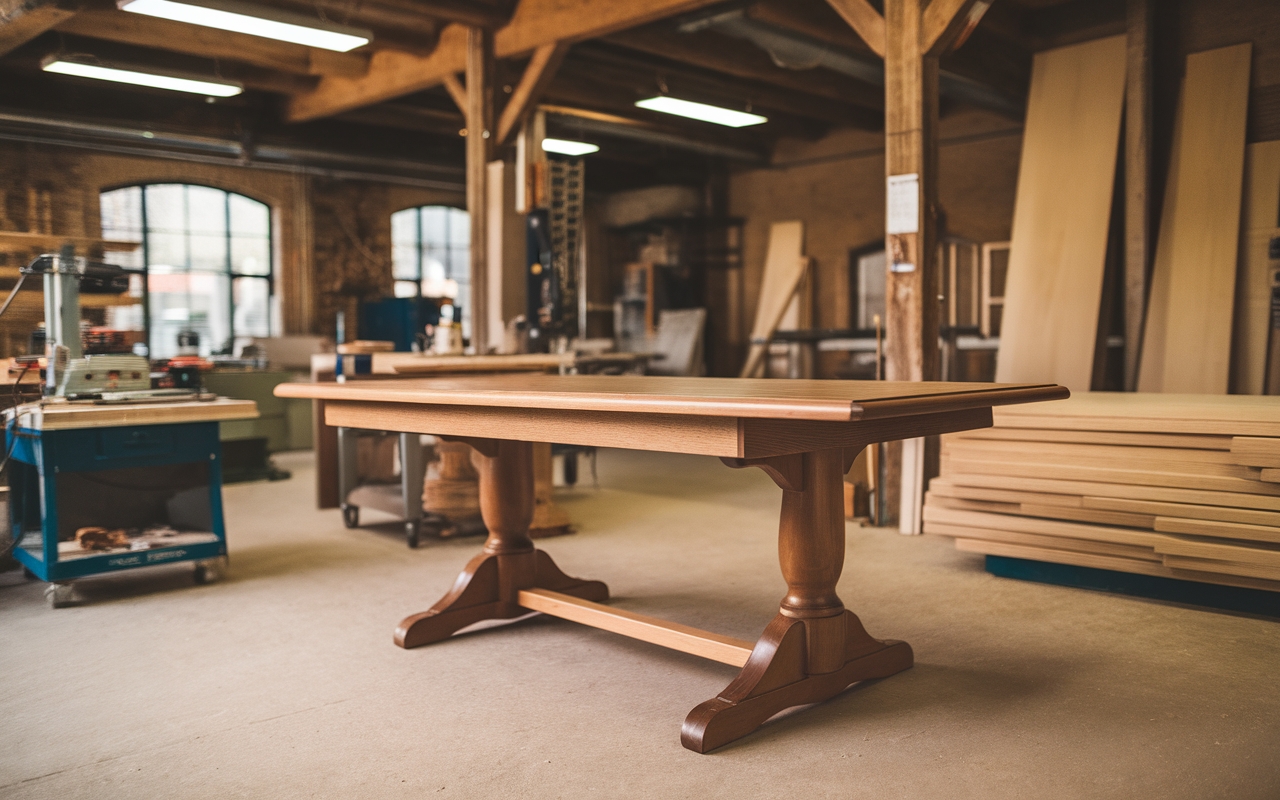 A beautifully crafted wooden table in a woodworking shop, surrounded by tools, wooden planks, and workshop equipment. The sturdy table showcases expert craftsmanship and high-quality wood selection.